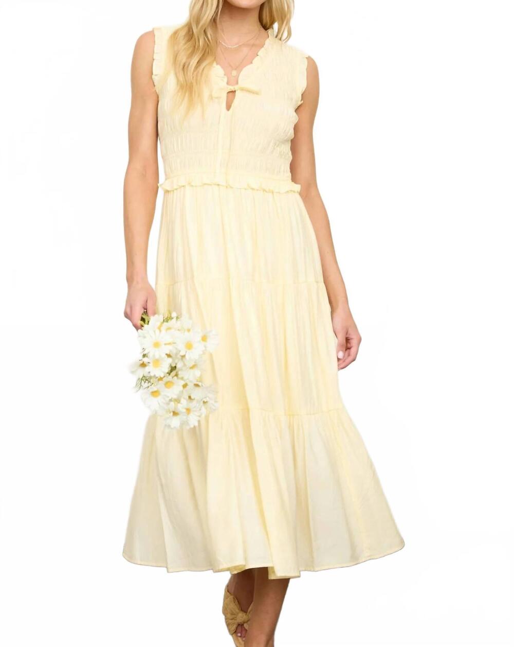 NEW BLU PEPPER smocked front tie ruffle detail tiered midi dress in butter yello